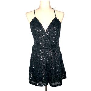 Boohoo Petite Wrap Front Strappy Black Sequin Playsuit | 10